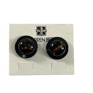 Lorren Bell Button Earrings Black Faux Tigers Eye Round New on Card